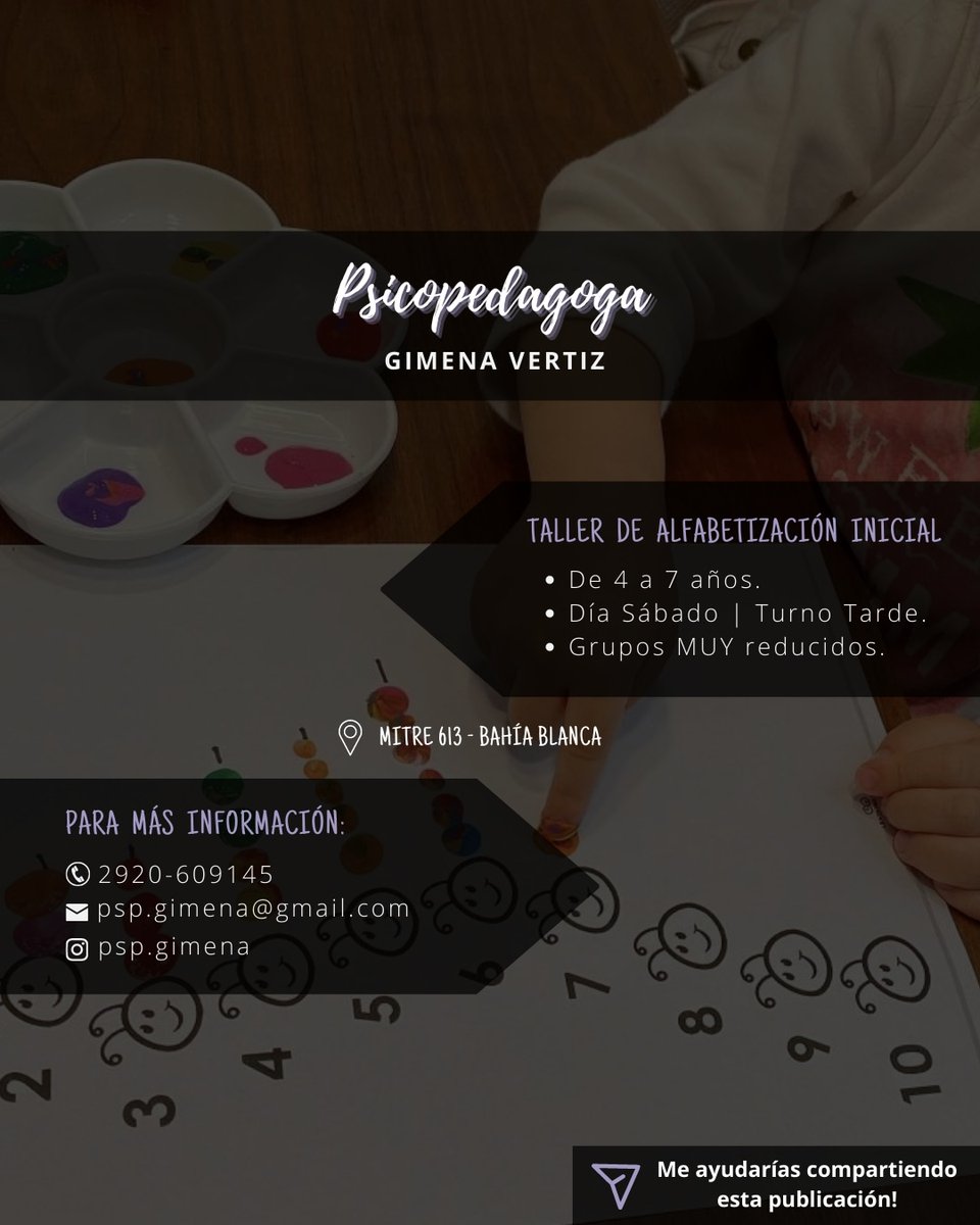 Gente de Bahía me ayudan con un rt 🙏

✏️ En Mayo voy a dar un Taller de Alfabetización ✏️

Dirigido a niñxs de 4 a 7 años que estén aprendiendo a leer y escribir ✨
También pueden participar niñxs +7 que presenten desafíos en ese proceso.

👉Mitre 613

Gracias x tu atención 💘