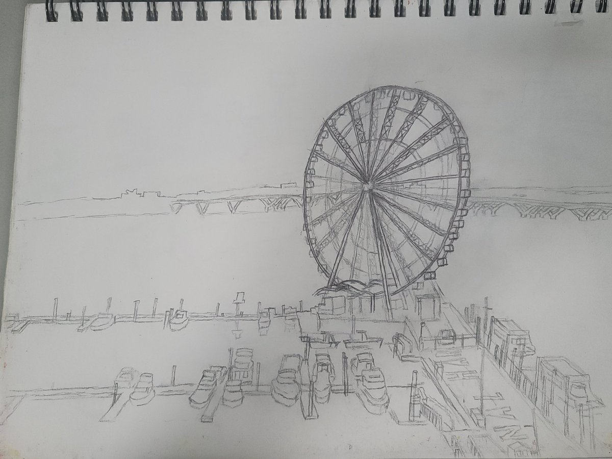 CallenHuey's tweet photo. Here's my latest progress on my sketch of the @CapitalWheel at #NationalHarbor. I'm starting to add ink to the sketch. @NationalHarbor #CapitalWheel #ferriswheel #woodrowwilsonbridge #potomacriver #Potomac @7thGypsy @Adrienne_OnMic @AlainnFocail @BrettHollander @MelanieLynneN https://t.co/Qb9zR9UN62