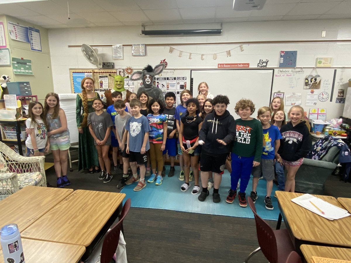 TheatreGHS's tweet photo. Today Shrek, Donkey, and Princess Fiona got to meet some of their biggest fans! A big thanks to the staff and students at Century Park, South, East, Grand View, and Cummings Elementary schools for being such great hosts. Central and West, we’ll see you Monday! https://t.co/9bp52Q2Gry