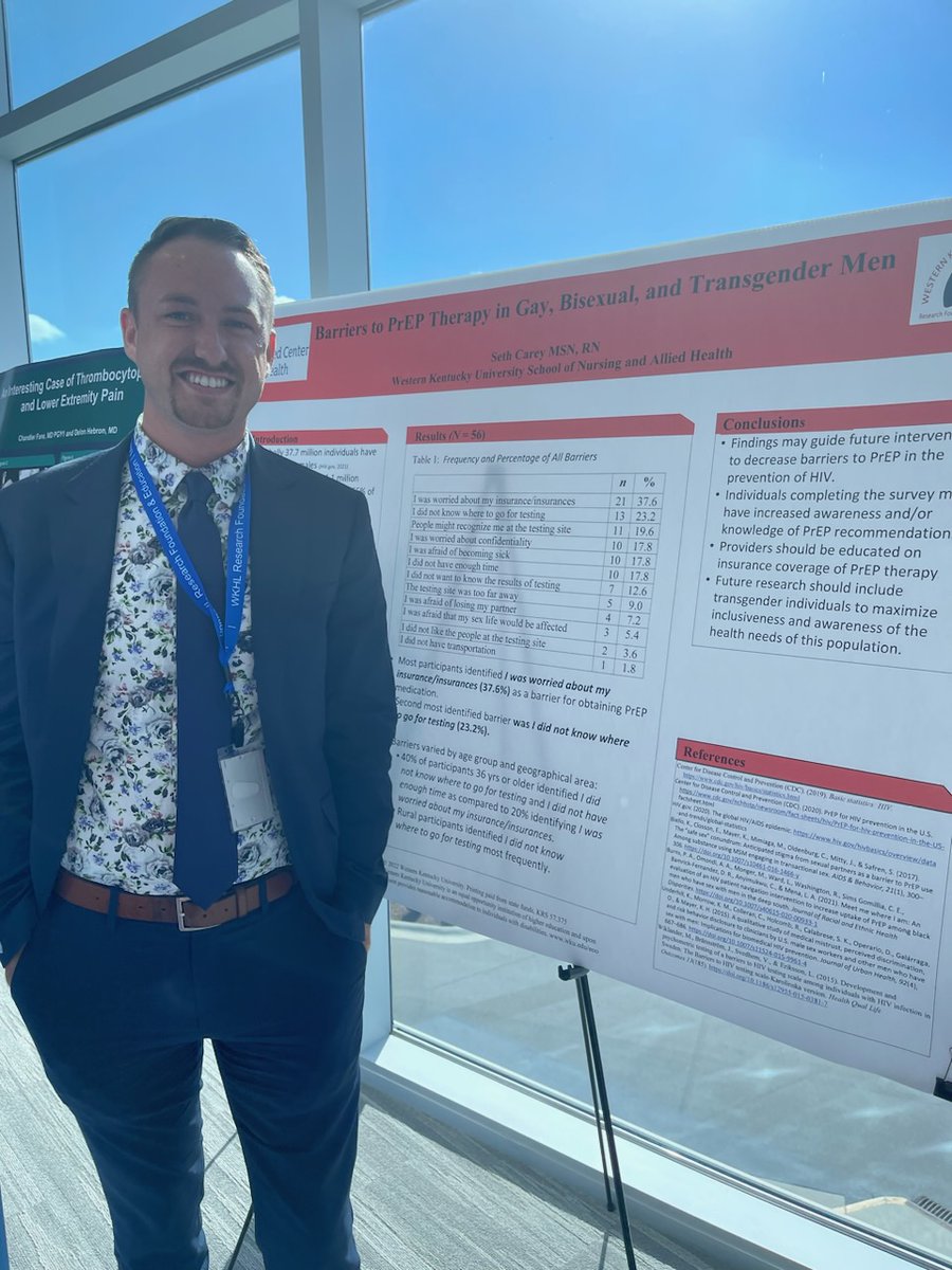 Seth Carey, MSN, disseminated his DNP project, Barriers to PrEP Therapy in Gay, Bisexual, and Transgender Men, earlier today at the Western Kentucky Heart and Lung, Research Symposium 2023.
<a href="/MedCenterHealth/">Med Center Health</a>
<a href="/KappaThetaCh/">Sigma Nursing - Kappa Theta Chapter</a>
#experiencechhs
#WKUNursing