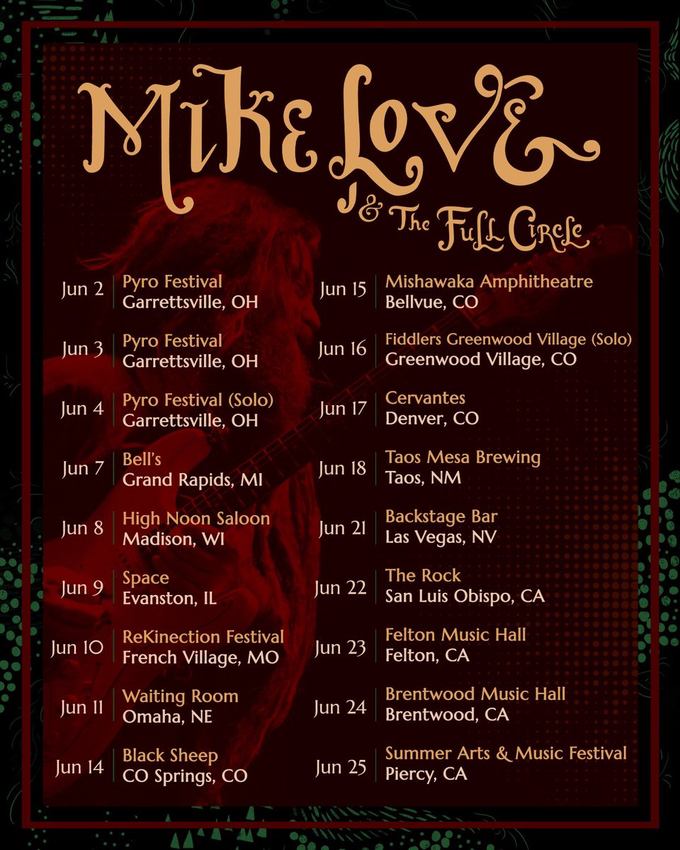 Exciting summer tour announcement!!!

I’ll be doing a whole month of touring across the U.S. with my powerhouse band The Full Circle!

If you’ve never had an opportunity to be part of the ever evolving synergy of this band I strongly urge you to make it to one of these shows. 🤙