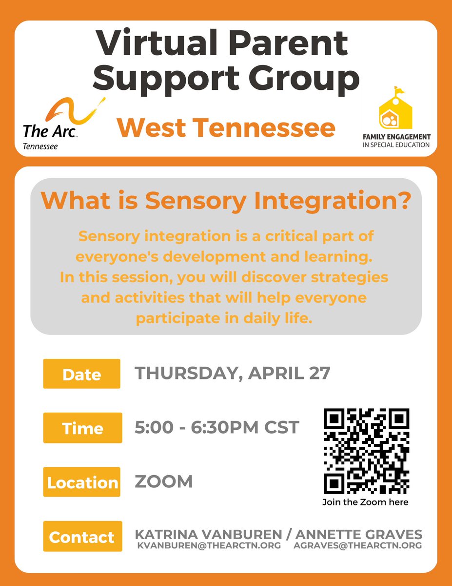 FESPED_TN's tweet image. Virtual Parent Support Group: What is Sensory Integration? Sensory integration is a critical part of everyone's development and learning. Discover strategies and activities that will help everyone participate in daily life.

#Virtual #WestTN #ParentSupportGroup