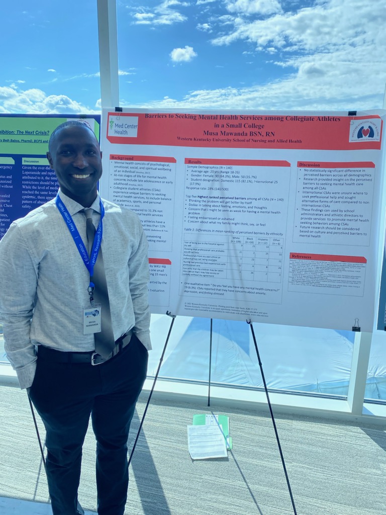 Musa Mawanda, RN, disseminated his DNP project, Barriers to Seeking Mental Health Services among Collegiate Athletes in a Small College, earlier today at the Western Kentucky Heart and Lung, Research Symposium 2023.
<a href="/MedCenterHealth/">Med Center Health</a>
<a href="/KappaThetaCh/">Sigma Nursing - Kappa Theta Chapter</a>
#experiencechhs
#WKUNursing