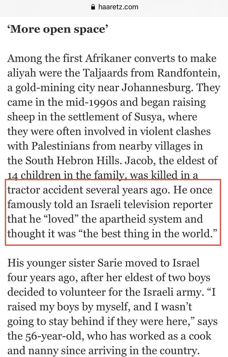Right-wing white Afrikaners moving into the occupied West Bank say they feel nostalgia for the good old days &amp; like the "fresh air" &amp; "open space" in illegal Israeli settlements built on stolen Palestinian lands.