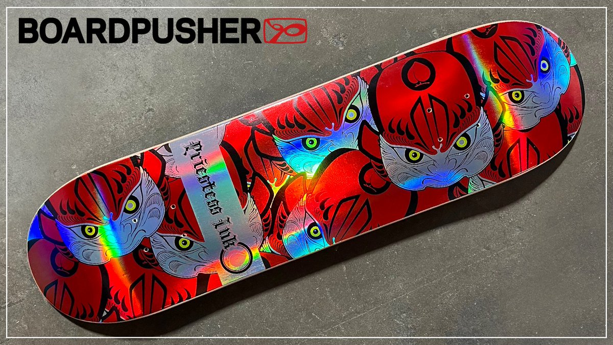 BoardPusher's tweet photo. Deffy Daruma, a #FeaturedDeck pressed on our #holographic background, created by #tattooartist Momo. Find out more about the #design and the #artist at https://t.co/FqkcUne8ij https://t.co/orGLrV1If4