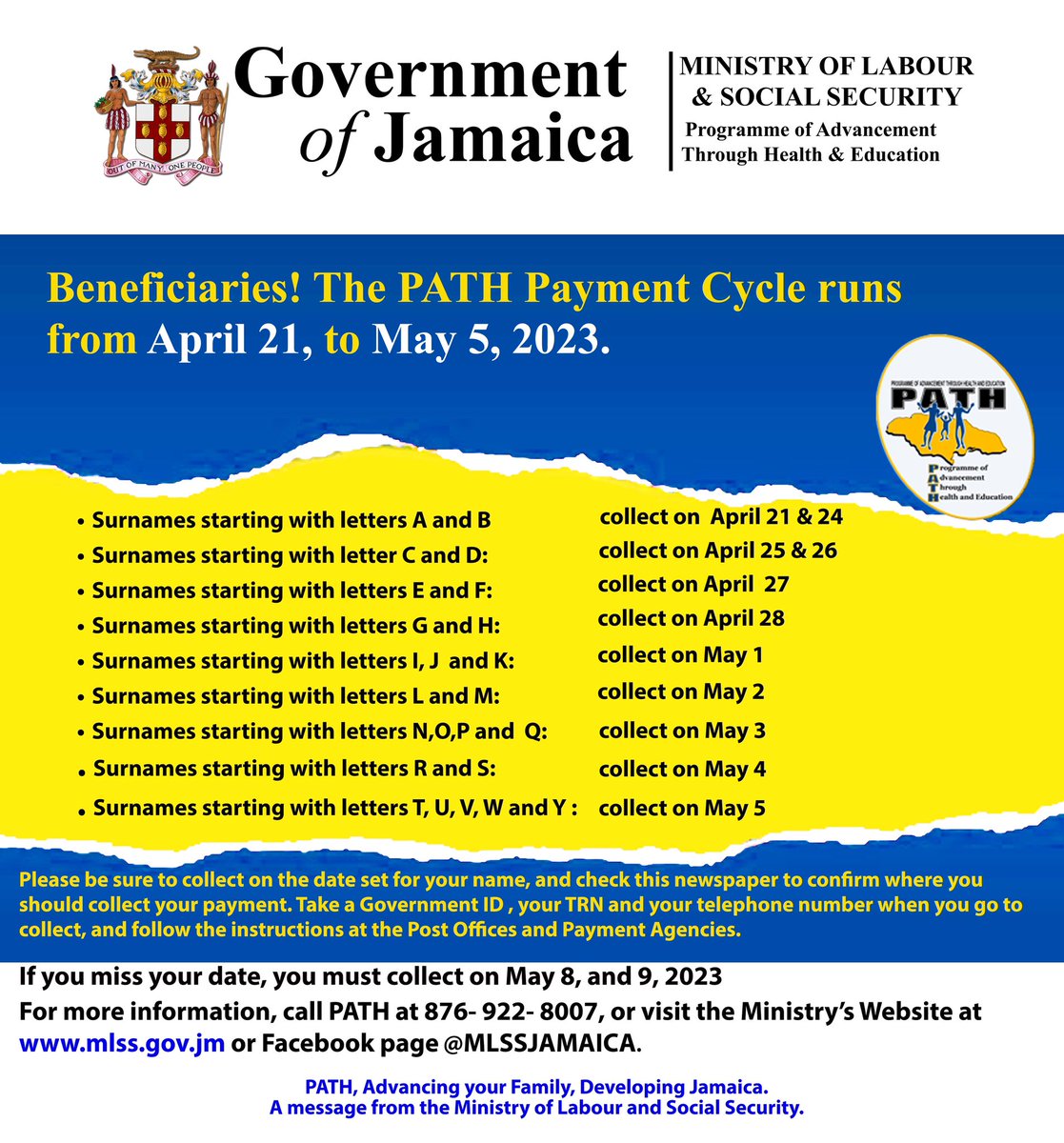 mlssjamaica's tweet photo. The PATH Payment Cycle will run from April 21- May 5, 2023.
#mlssjamaica #pathmlss https://t.co/k2e3cUccrJ