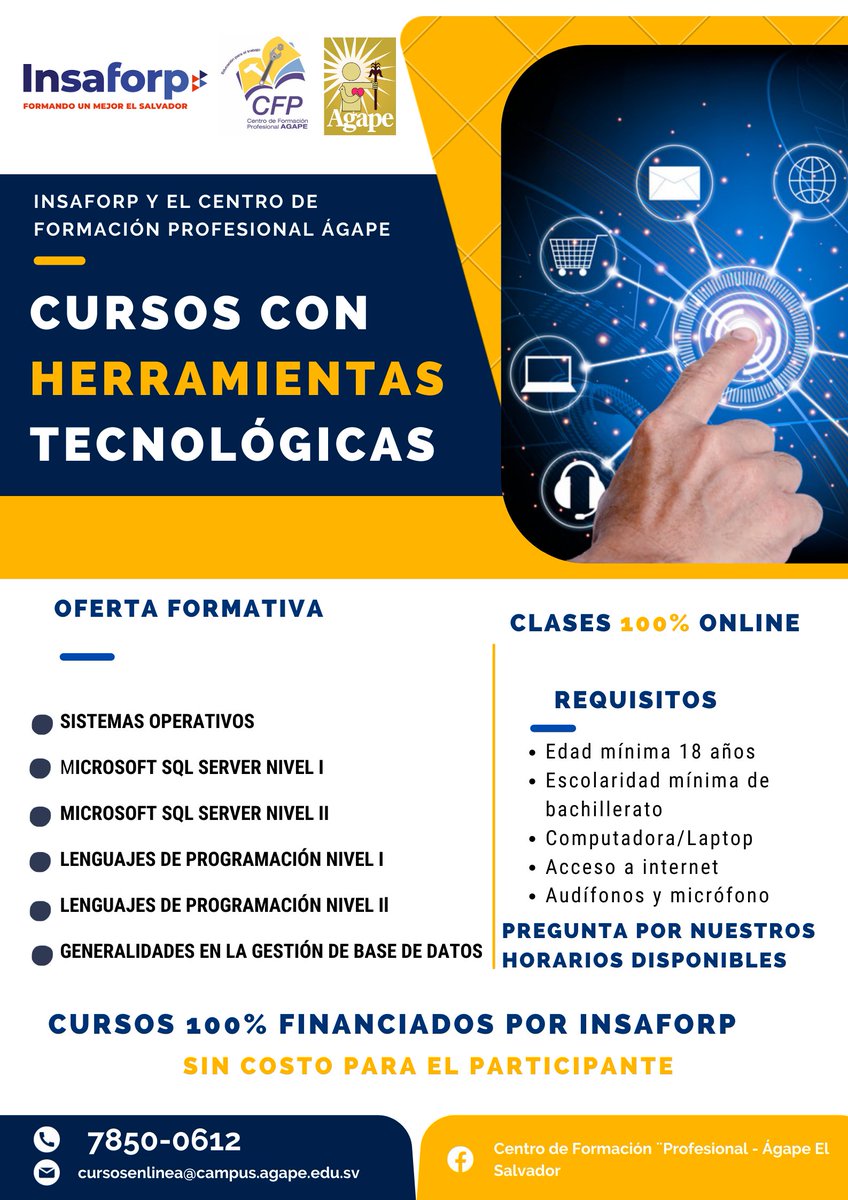 agapeCFP's tweet photo. @Insaforpsv y @agapeCFP te invitan a participar en los cursos con herramientas tecnológicas. 
Clases 100% #online.

Inscríbete en el curso de tu preferencia, escribiendo al número de WhatsApp: 7850-0612
Los cursos son 100% financiados por #INSAFORP, sin costo para el participante https://t.co/mrZ4BngdvI