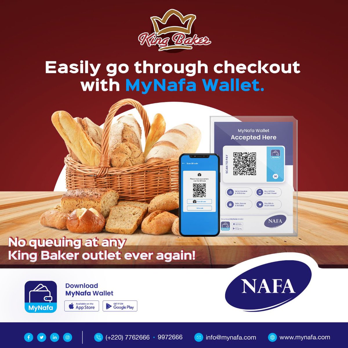 nafagambia's tweet photo. Scan & Pay with MyNafa wallet at any King Baker outlet and you will not have to wait in long lines.
With this partnership we are ensuring that the average wait times remain low.
#MyNafa #Nafa #Wallet #Financial #Service #Gambia #WestAfrica #MobileMoney #Gaawtehwoor #kingBaker https://t.co/cgZNAzKrkL