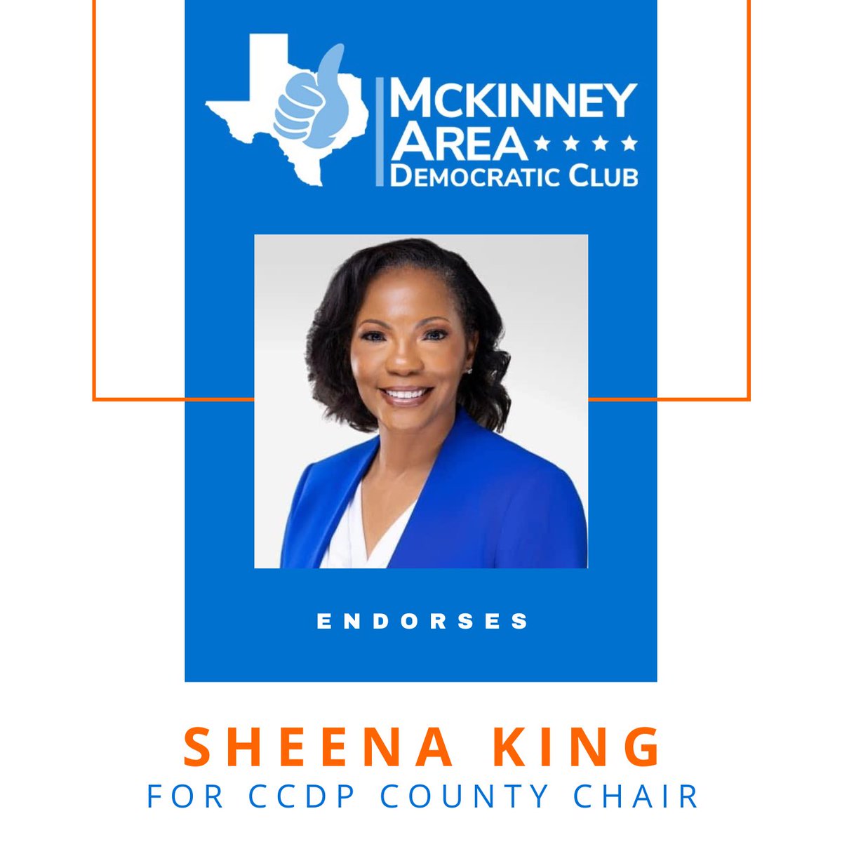 Sheena King for Texas (@skingfortexas) on Twitter photo Appreciate the endorsement of the <a href="/McKDems/">McKinney Area Democratic Club</a> and their relentless fight for real change by working together, building bridges not walls. 💙
#SheenaKingForTexas #bethelight #useyourvoice #CollinCounty #collincountydemocrats #mckinneydemocrats #turntexasblue #fightfordemocracy Appreciate the endorsement of the <a href="/McKDems/">McKinney Area Democratic Club</a> and their relentless fight for real change by working together, building bridges not walls. 💙
#SheenaKingForTexas #bethelight #useyourvoice #CollinCounty #collincountydemocrats #mckinneydemocrats #turntexasblue #fightfordemocracy