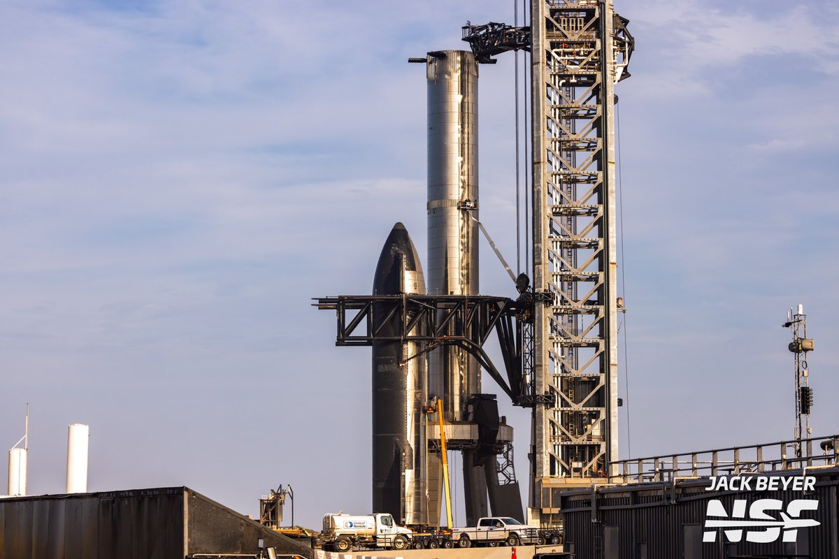 thejackbeyer's tweet photo. SpaceX crews are up and working on the flight termination system for both Booster 7 and Ship 24! Let's do this!

Watch live: https://t.co/zD5vlgCWO9 https://t.co/wPEnc2hTpM
