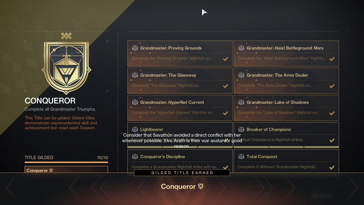 AyyitsTopher's tweet photo. Another Season another GM Guilding just farming now and helps! #Destiny2 #grandmasternightfalls #conqueror #wewinthose https://t.co/iCErxx4xpi