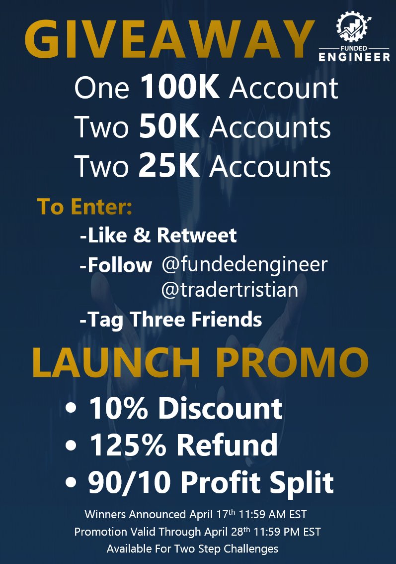 tradertristian's tweet image. Excited to announce the launch of my prop firm Funded Engineer

For the launch , I am giving away:
-1 100k Account
-2 50k Accounts
-2 25k Accounts

Instructions:
1. Like &amp;amp; retweet this post
2. Follow @fundedengineer and @tradertristian
3. Tag three friends