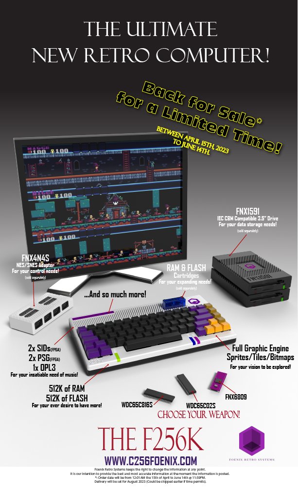 As of tomorrow, the F256K will be for sale for the next 2 months (Del. Aug 2023). So, if you want to have access to this magnificent machine, here is your chance! All of the other accessories can be ordered anytime. We are @ VCF East!
#retrocomputing #retrocomputer #RETROGAMING