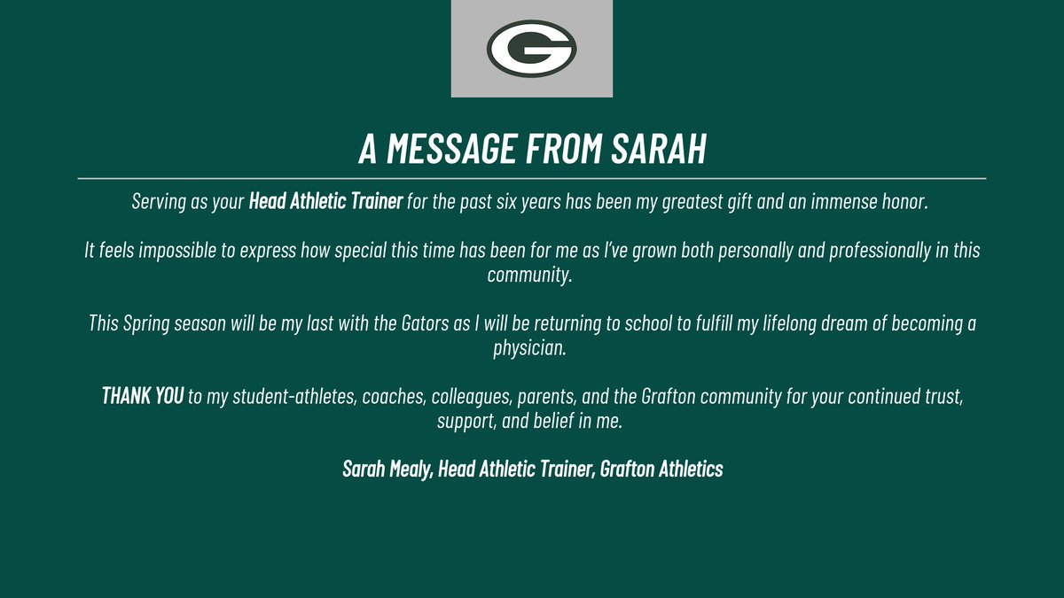 GraftonAD's tweet photo. A Message From The Heart And Soul Of Grafton Athletics. 

This One Is Stings, Gators, But You Can't Contain Greatness. We Knew It Would Only Last So Long.

We 💚 You Sarah. THE ABSOLUTE BEST! https://t.co/TMyFBrTrFr