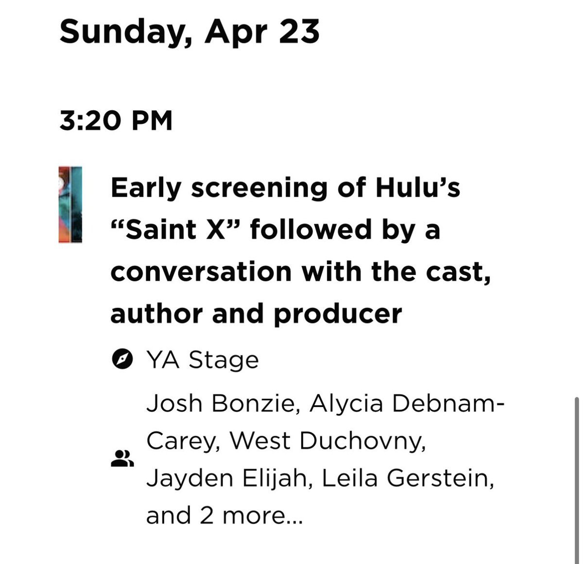 Alycia will attend the <a href="/latimes/">Los Angeles Times</a> “Festival of Books” on Sunday, April 23 with the #SaintXOnHulu cast, executive producer <a href="/leilargerstein/">leila gerstein</a> and author @AlexisSchaitkin.