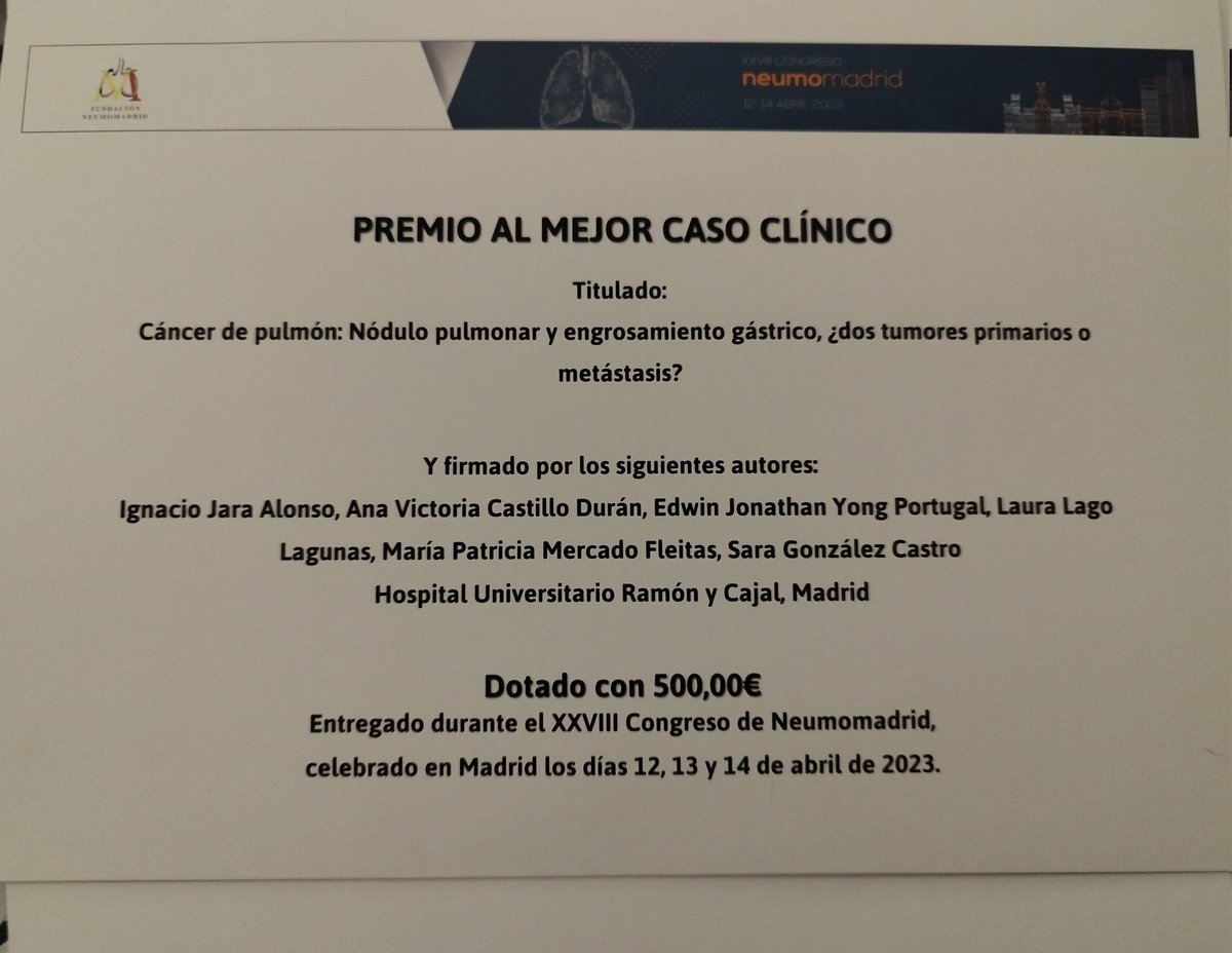 HrcServicio's tweet photo. Terminamos el #congresoneumomadrid con dos  premios: al mejor caso clínico y a la mejor comunicación oral. Muchas gracias a @NeumoMadrid Nos vemos muy pronto! @AldaraGarciaNM https://t.co/xZ13rrqWmT