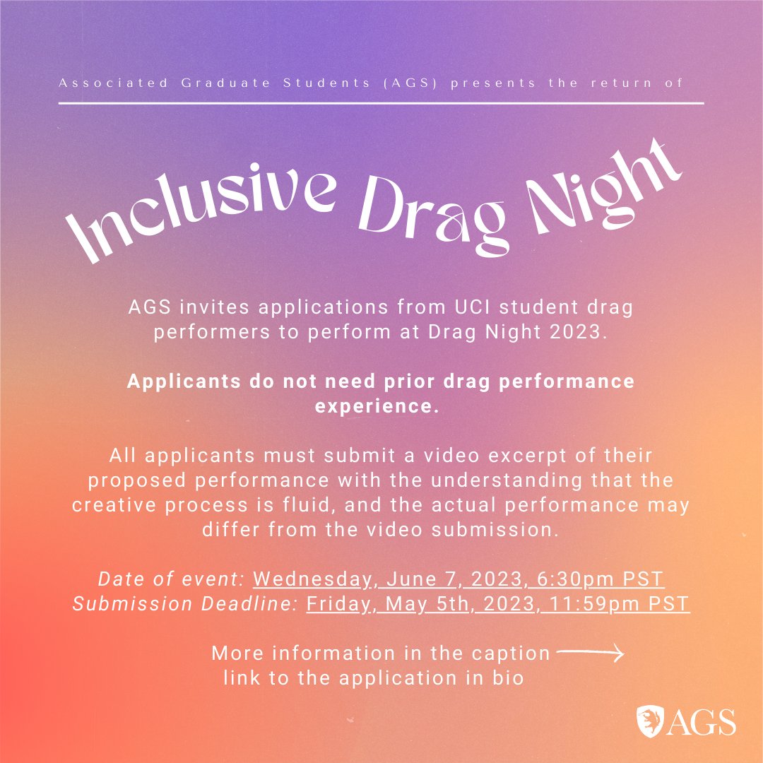 agsuci's tweet photo. AGS is very excited to announce a call for UCI student drag performers (gender inclusive) for our 2nd annual accessibility-centered Inclusive Drag Night, Wed. 6/7 (Week 10).

Interested solo or group acts can apply to perform at Inclusive Drag Night at: https://t.co/8GFRIaHnUO https://t.co/5AGu9ZEWSe