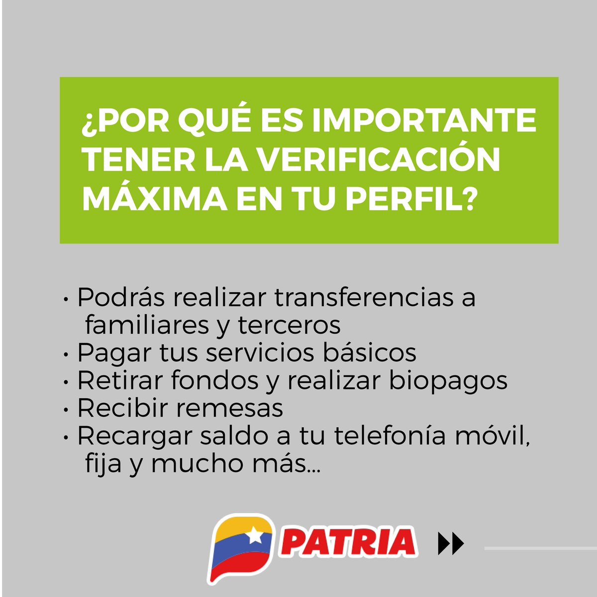 CarnetDLaPatria's tweet photo. #SabíasQue, es de suma importancia mantener al máximo el nivel de verificación de tu perfil de usuario en la #PlataformaPatria. 

Aquí te explicamos por qué.

#MaduroLealtadYVictoria #14Abr https://t.co/rM5fi8B1ZK