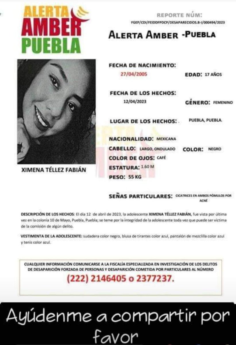 Divandelamujer's tweet photo. ¿Nos ayudas a localizar a #JimenaTellez?

Menor de 17 años de edad fue vista por última vez el día 12 de abril en la colonia #10DeMayo de #Puebla capital.
Cualquier información al

☎ (222)2.14.64.05
      (222)2.37.72.3
su familia está desesperada.

#NiUnaMas
#ServicioSocial https://t.co/UDmiMcm4ex