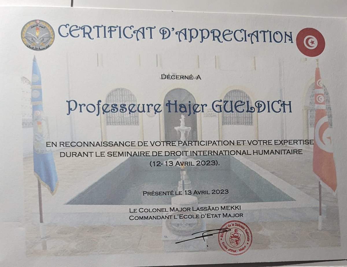 HajerGueldich's tweet photo. #Séminaire de formation en droit international humanitaire 12 et 13 avril 2023 #Ecole d'état Major #45e promotion #Les nouveaux défis du DIH https://t.co/Rs6lyJYKWj