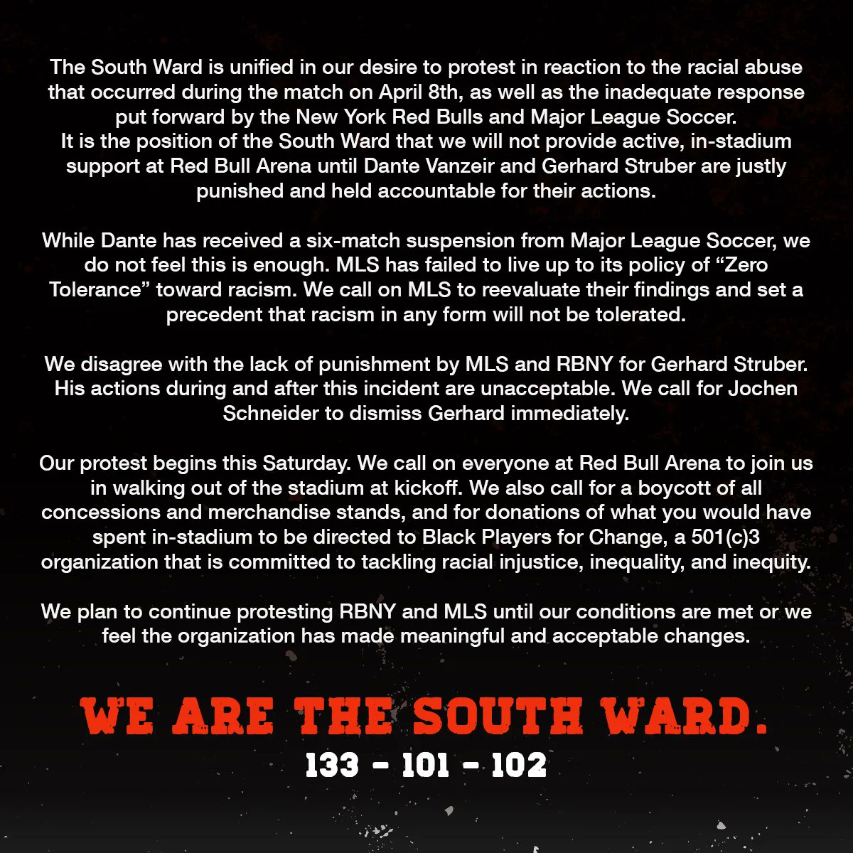 EmpireSC's tweet photo. A joint statement from Empire SC, @VikingArmy_SC, and @Torcida_96

#RBNY https://t.co/zdswV9Lsp0
