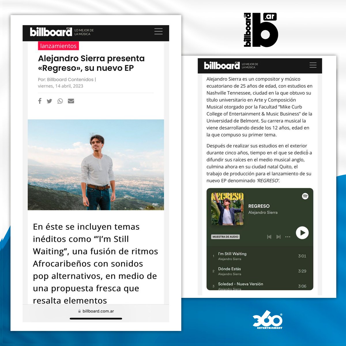 Sebas_Alvarado0's tweet photo. @alejandrojsierra presenta su “REGRESO”, su nuevo EP 📰 reseñada @BillboardArg 
#BillboardAr 
… 
PROMOTION @360_entertainmentoficial https://t.co/rdWkf3OM2A