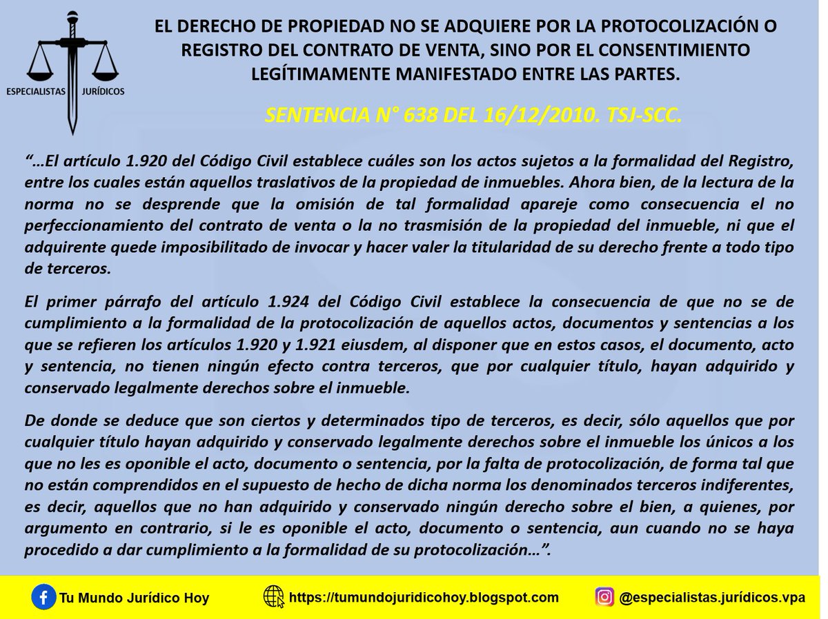 Furiamax's tweet photo. Sentencia N° 638 del 16/12/2010. TSJ-SCC. El Derecho de Propiedad No Se Adquiere Por La Protocolización o Registro del Contrato De Venta, Sino Por el Consentimiento Legítimamente Manifestado Entre Las Partes. https://t.co/XNyXjM5fCH