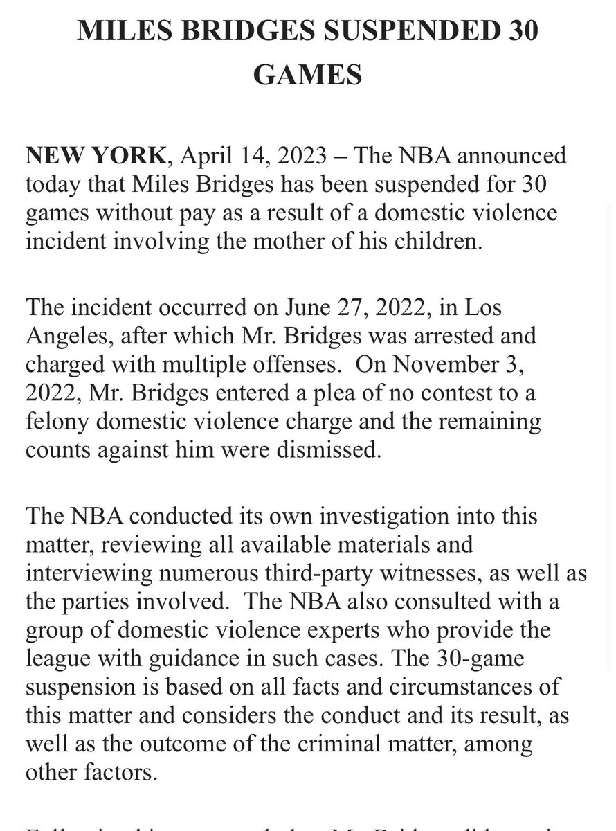 NBA announces 30-game suspension for Miles Bridges after domestic violence  incident