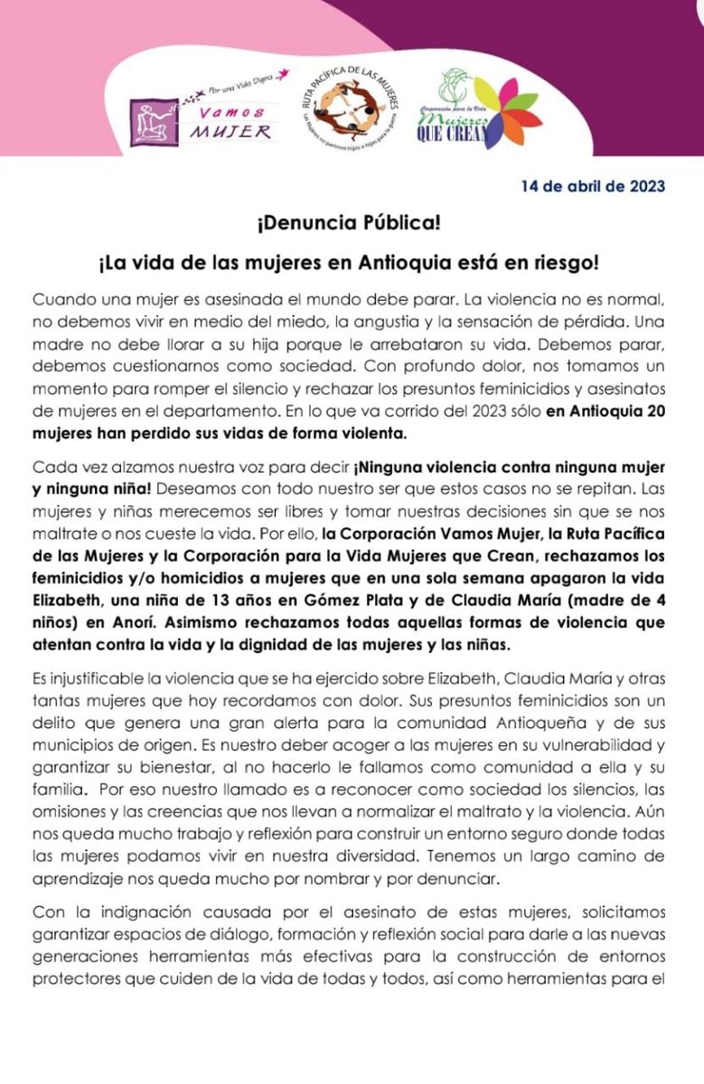 MujeresCrean's tweet photo. 🚫DENUNCIA 
Rechazamos los feminicidios que en una sola semana apagaron la vida de Elizabeth de 13 años, de Claudia Mejía, y todas las formas de violencia que atentan contra la vida y la dignidad de las mujeres y las niñas. en #Antioquia.
#MujeresAntioquia
#DDHHMujeres https://t.co/njLtcIZcR5