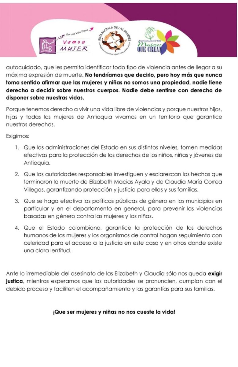 MujeresCrean's tweet photo. 🚫DENUNCIA 
Rechazamos los feminicidios que en una sola semana apagaron la vida de Elizabeth de 13 años, de Claudia Mejía, y todas las formas de violencia que atentan contra la vida y la dignidad de las mujeres y las niñas. en #Antioquia.
#MujeresAntioquia
#DDHHMujeres https://t.co/njLtcIZcR5