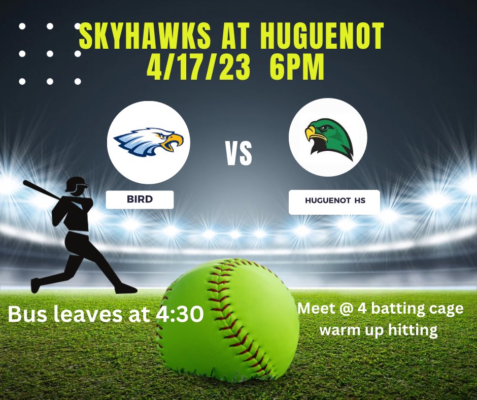 birdsoftball's tweet photo. Skyhawk softball heads to Huguenot Monday 4/17/23 @ 6pm https://t.co/VqqP5Dq784