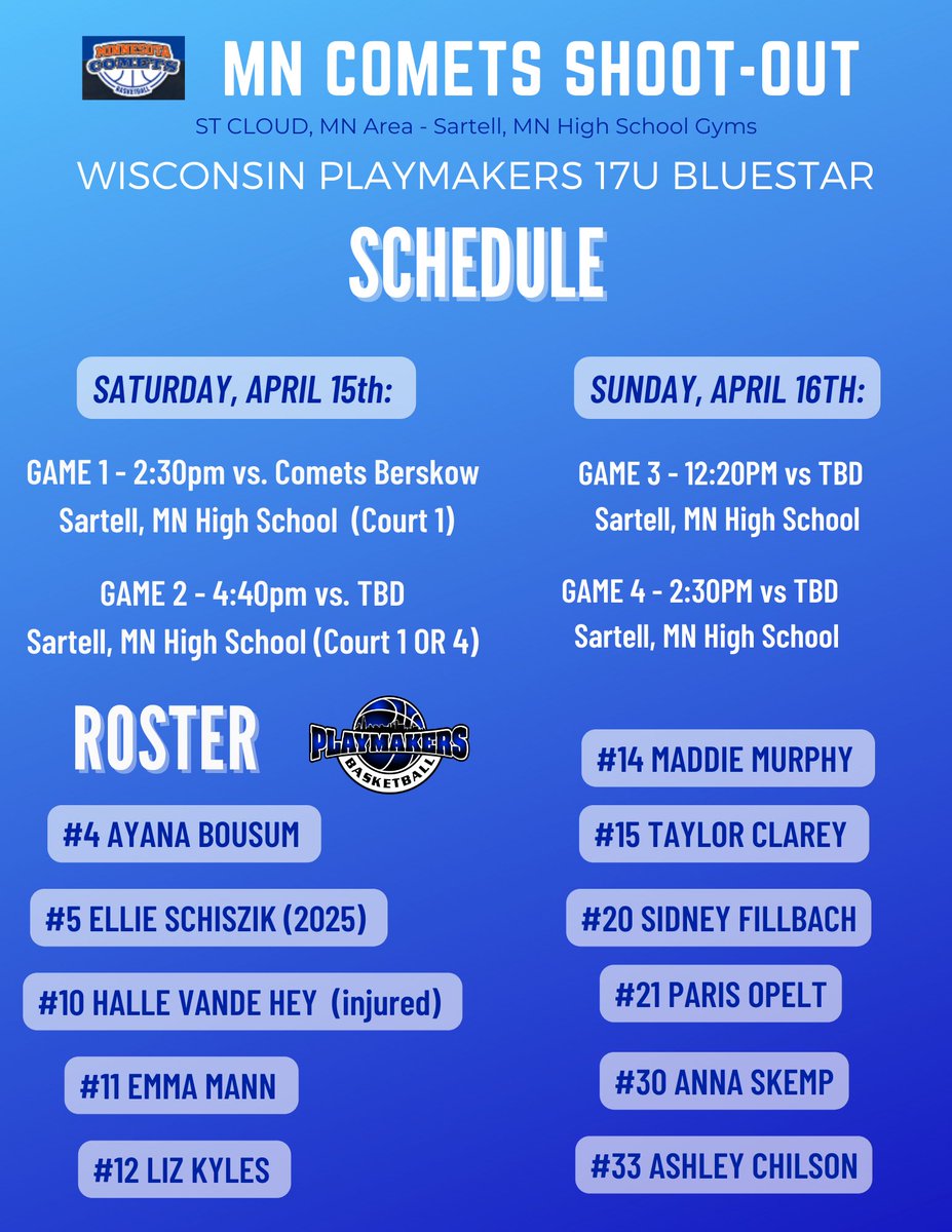 📍MN Comets Shoot-Out (St. Cloud, MN Area - 17u games at Sartell High School)

Excited &amp; Grateful to be on the court together this weekend! #17USeason #Nothing4Granted #WorthIt
@PlaymkrsAAU 
<a href="/playmkrsgirls/">Wisconsin Playmakers</a>