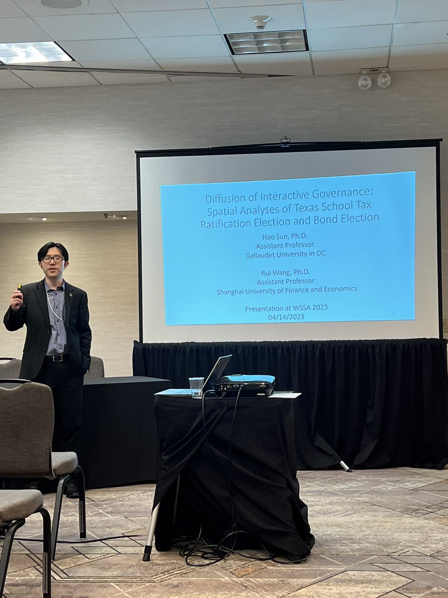 WSSAPublicFinance (@publicwssa) on Twitter photo Hao Sun from <a href="/GallaudetU/">Gallaudet University</a> is wrapping up our Friday panels with his research: "Spatial Analyses of Texas School Tax
Ratification Election and Bond Election." We are here until 6pm today and then back tomorrow in Cavetto at 9am for one last panel. Join us! Hao Sun from <a href="/GallaudetU/">Gallaudet University</a> is wrapping up our Friday panels with his research: "Spatial Analyses of Texas School Tax
Ratification Election and Bond Election." We are here until 6pm today and then back tomorrow in Cavetto at 9am for one last panel. Join us!