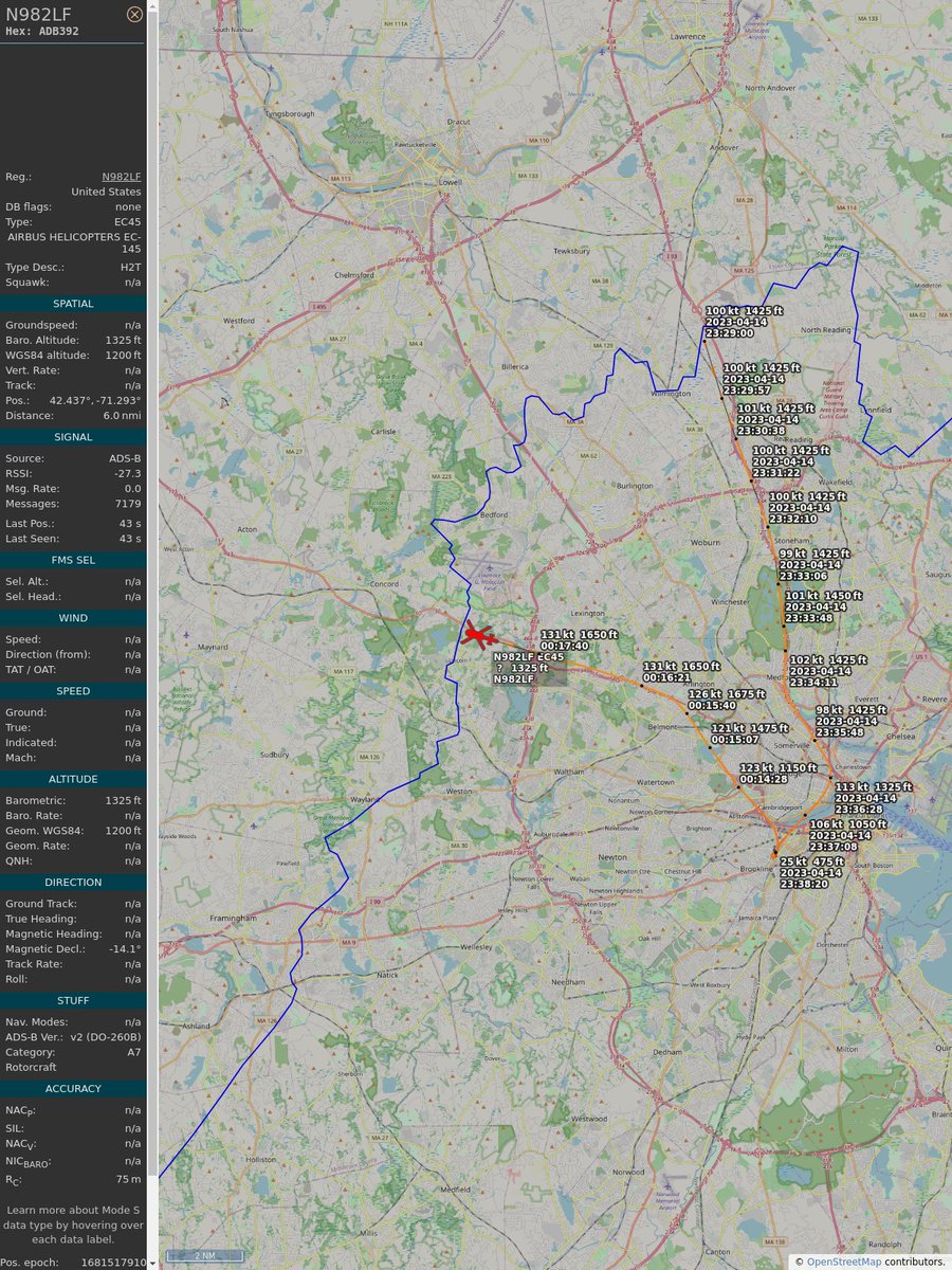PlaneBoston's tweet image. ICAO: #ADB392
Flt: #N982LF #AIRMETHODS
First seen: 2023/04/14 20:14:51
Min Alt: 1325 ft MSL
Min Dist: 0.23 nm

#planefence #adsb - planefence.com
globe.adsbexchange.com/?icao=adb392