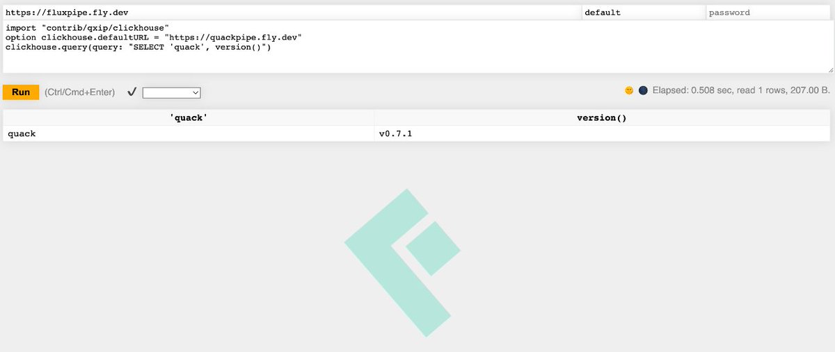 Things are piping hot this week at <a href="/GigapipeHQ/">Gigapipe</a>!

Here's #Fluxpipe (Flux) querying #Quackpipe (DuckDB) using a #ClickHouse API HTTP client. 

That's all. Have an #OLAP weekend!

🐤 github.com/metrico/quackp…