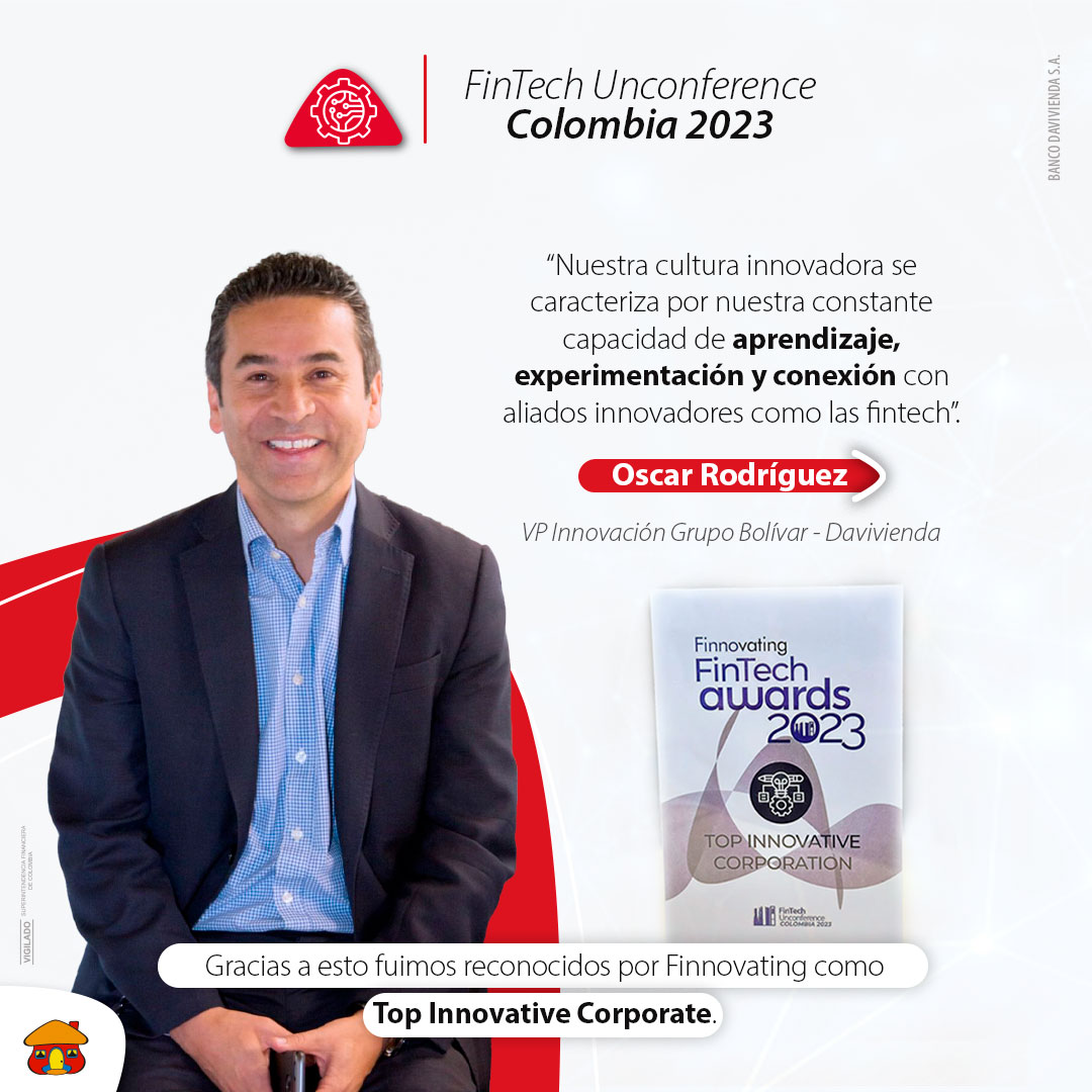 Davivienda's tweet photo. Acompañamos a Oscar Rodríguez  VP de innovación de Grupo Bolívar, en el Fintech Unconference Colombia 2023, en donde habló sobre nuestra cultura de innovación, que fue reconocida en los Fintech Awards 2023. https://t.co/vaCMNcceqy