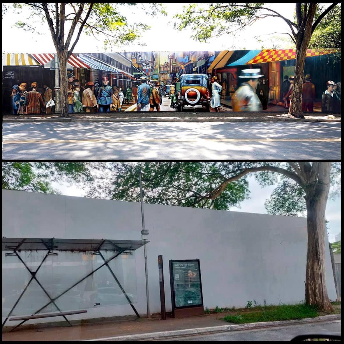 kobrastreetart's tweet photo. Mural na av. Morumbi-SP é completamente apagado!! Parte do meu projeto Muro das Memórias, em que eu recupero e ressignifico imagens históricas. Sempre que isso acontece, eu me pergunto: obras de street art, pela sua natureza, são mesmo efêmeras? Qual a sua opinião? https://t.co/aGQbfPDRGb