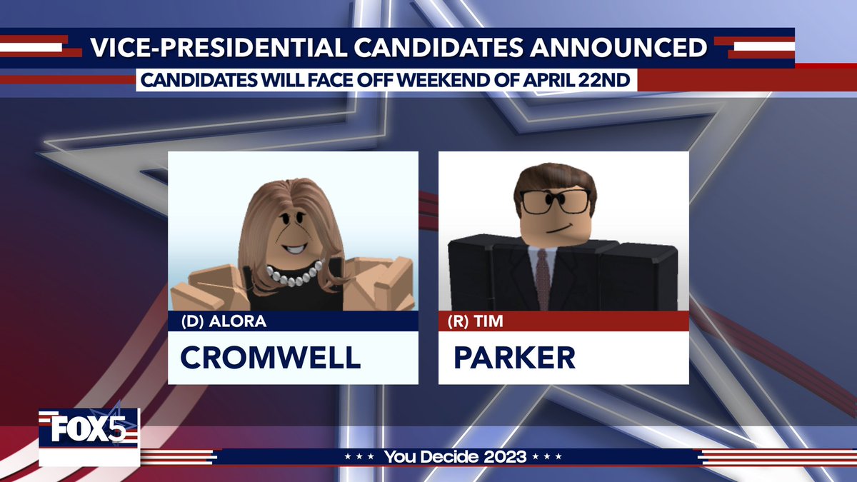 #FOX5YouDecide: You have decided your April 2023 Vice-Presidential Candidates! 

> @AloraCromwell &amp; <a href="/BUSATimParker/">Tim Parker</a> will face off the weekend of April 22nd to determine who moves into Number One Observatory Circle.
