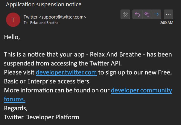 [Hello, friends. I have now received the email from Twitter informing me that the Relax and Breathe Bot's access under the old Twitter API is now suspended. Unfortunately, the code I used for the basis of this bot is not compatible with the new API. ] 1/