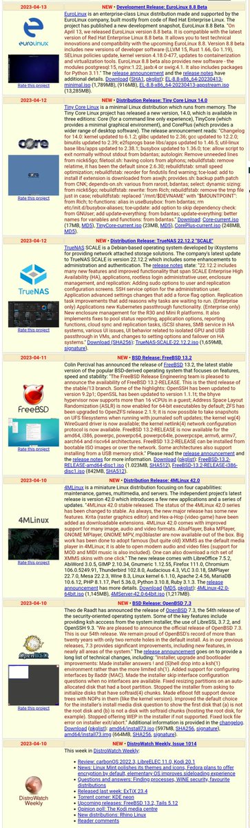 fabrizio_degni's tweet photo. This week passed away without a check on @DistroWatch. Lot of news and review are ready for the weekend on https://t.co/H91TBOqufp for example the distro #carbonOS, a new release of #FreeBSD or #TinyCoreLinux without missing the ranking where #MXLinux stands out.
#opensource https://t.co/93s5SWSkrt