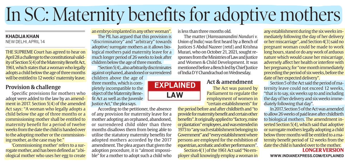 'In SC: Maternity benefits for Adoptive Mothers'
:Details

#ADOPTION #motherhood #mother #singlemom #CommissioningMother #surrogacy #Surrogate
#SupremeCourtOfIndia #MaternityBenefitAct 
#Law 

#UPSC #UPSC2023 

Source: IE