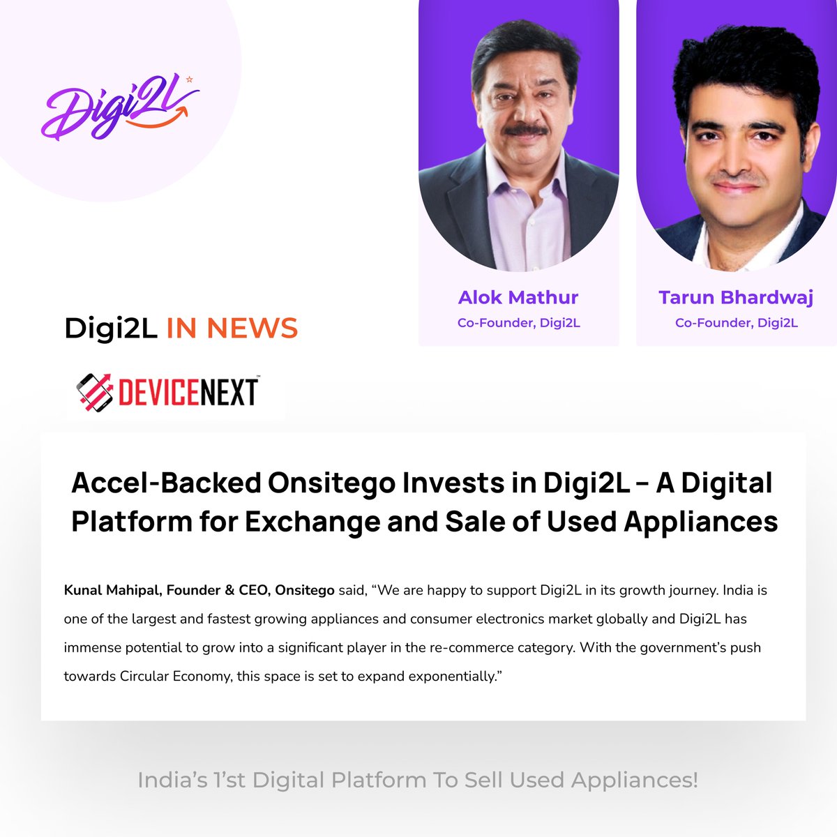 Digi2L in the News!  @DeviceNXT 

devicenext.com/onsitego-inves…
#usedappliances #refurbished #sustainability #digi2l #india #bestplatform #selloldappliances #technology #devicenext