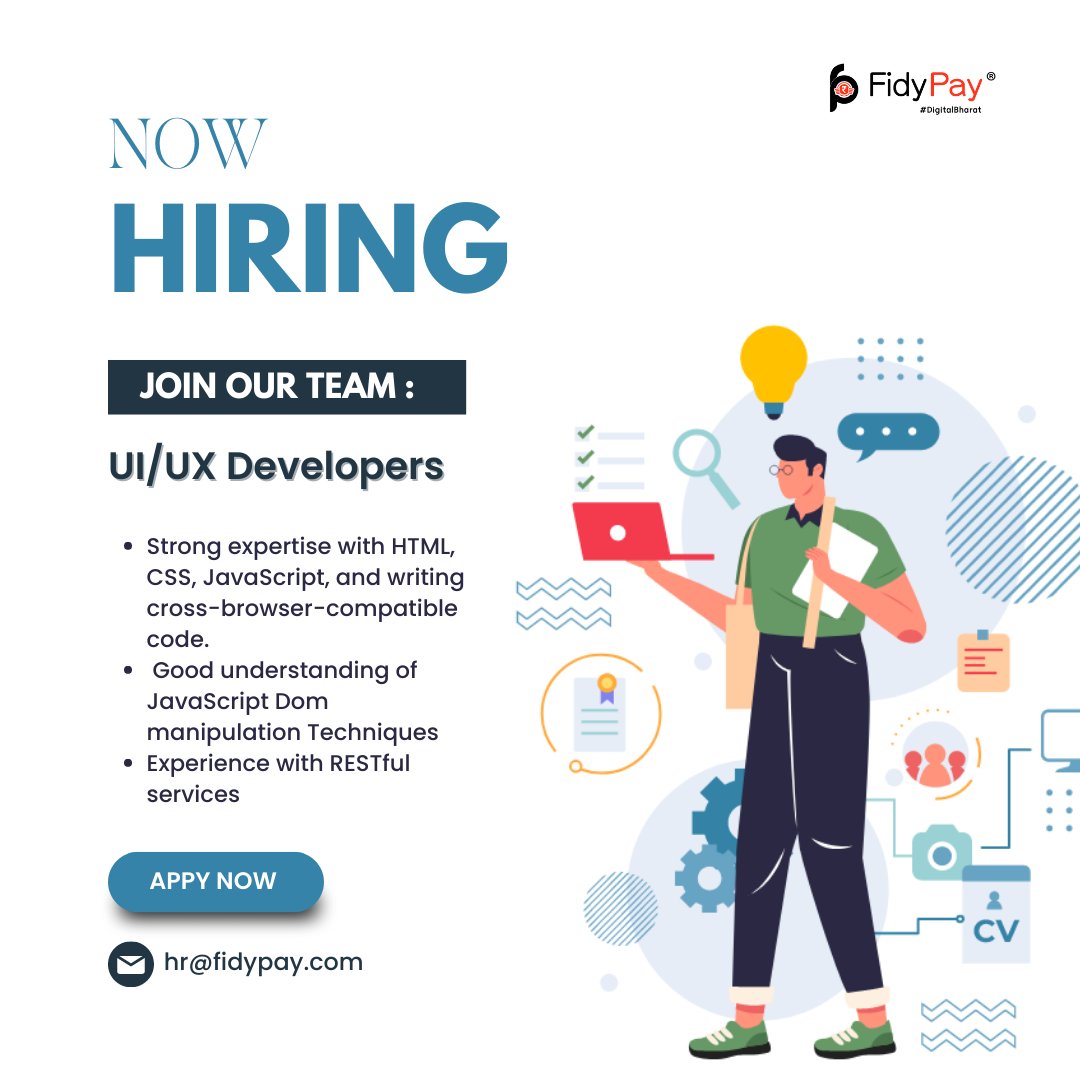 FidyPay's tweet image. FidyPay is #hiring 📢
Profile: #uiuxdeveloper
Experience: 2+Years
Skills: #html #css #bootstrap #javascript
Location: #Indore (onsite)
Profile: #UI/UXDeveloper
#Apply 💼👇
Comment "Interested" or Can share your resume on 𝐡𝐫@𝐟𝐢𝐝𝐲𝐩𝐚𝐲.𝐜𝐨𝐦
#FidyPay