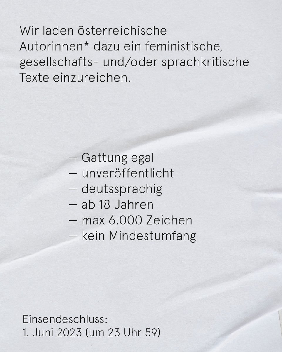Es gibt wieder eine Ausschreibung der <a href="/igfem/">احممد</a>. Die Gewinnerinnentexte werden in der Publikation WeissNet 2023 veröffentlicht, nähere Infos zur Ausschreibung findet ihr auf der Webseite der ≠igfem (igfem.at).

#igfem #interessensgemeinschaftfeministischeautorinnen