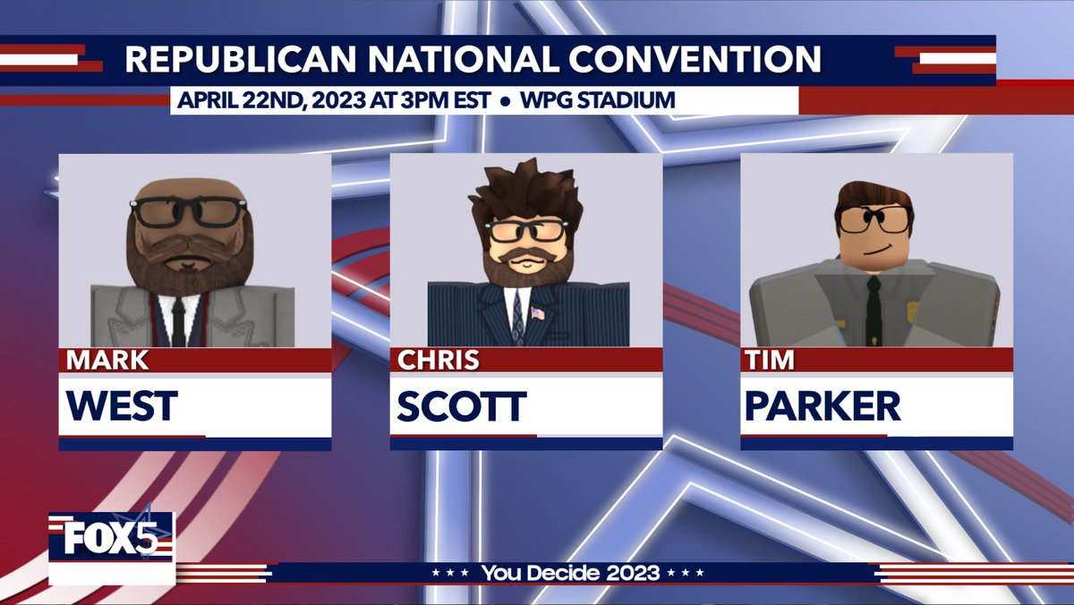 FOX5BB's tweet photo. #FOX5YouDecide: The Republican Party will hold their National Convention in Orlando, FL at the @WPGStadium next Saturday, April 22nd at 3pm EST.
> Key note speakers include:
• Vice Pres. Mark West
• Senate Majority Leader Chris Scott
• Vice Pres. Candidate Tim Parker https://t.co/YafEWShXPP
