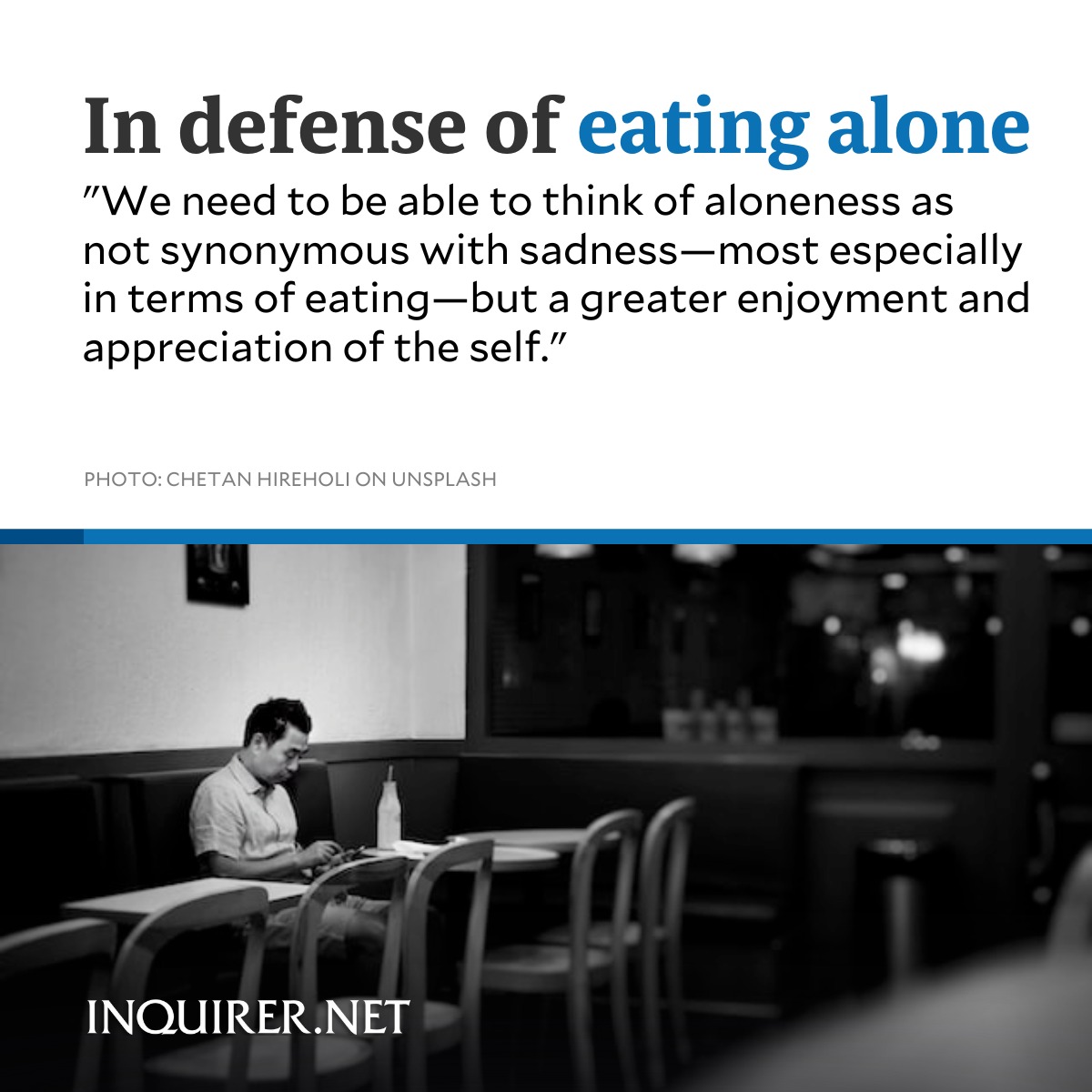 inquirerdotnet's tweet photo. #FromTheArchives: There is joy in eating out by yourself even if it isn’t for everyone (via @nolisoliph )

READ: https://t.co/jjHBGI09kF https://t.co/W08gTQ6bvS