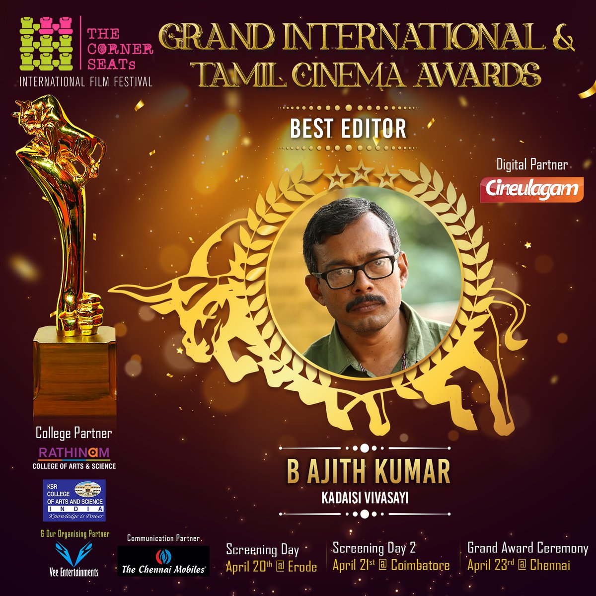 cineulagam's tweet photo. The Corner Seats International Film Festival presents Grand International & Tamil Cinema Awards
Nominated for the Best Editor -
#PhilominRaj ( #Vikram )
#BijithBala ( #RocketryTheNambiEffect )
#BAjithKumar ( #KadaisiVivasayi )
#SPRajaSethupathy ( #Diary )
@thecornerseats @cineulagam @philoedit @SPRSethupathi #Cineulagam #TamilCinema #Awards