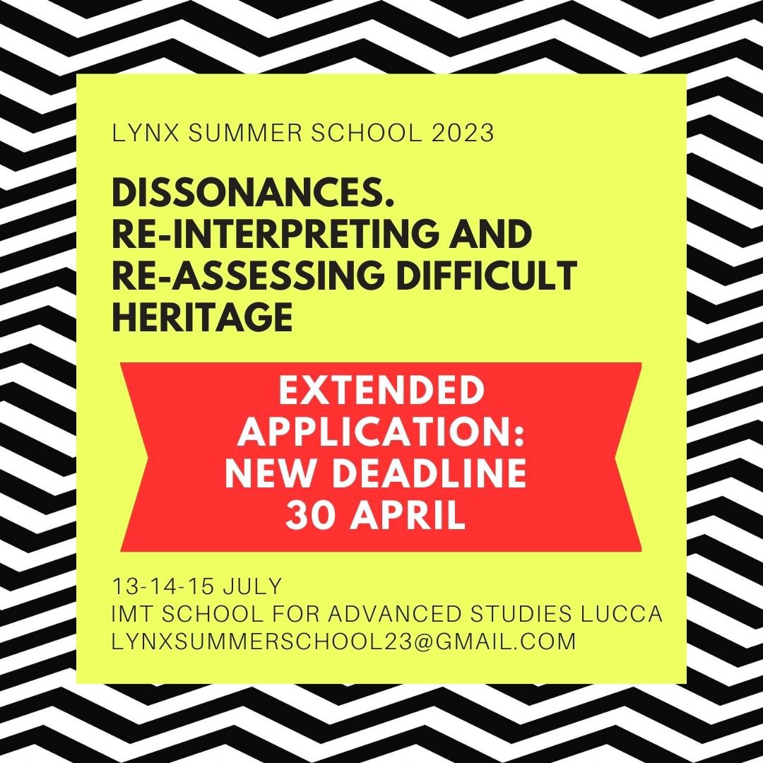 lynxlucca's tweet photo. The deadline for applications to the LYNX Summer School "Dissonances. Re-interpreting and reassessing difficult heritage" (13-14-15 July 2023) has been extended.
💥New deadline: 30 April h. 23.59 (CET)💥
Check the participation options in the post or visit https://t.co/78IgHciicK https://t.co/ji18YJI2c5