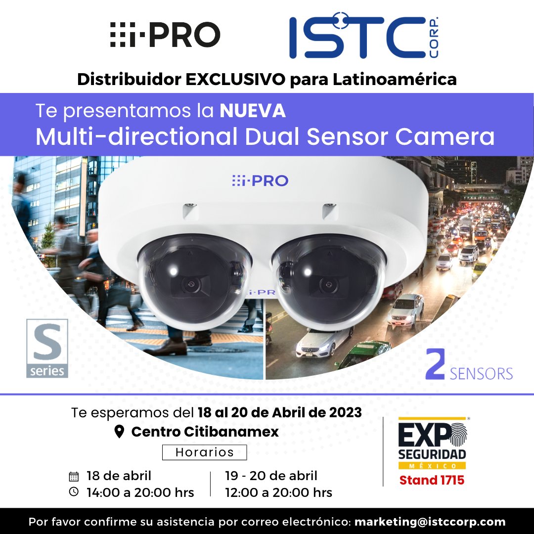 #ISTC Distribuidor EXCLUSIVO para #Latinoamérica. Te presentamos en <a href="/ExpoSeguridad/">ExpoSeguridadMexico</a>-Stand 1715 <a href="/iPRO_Americas/">i-PRO Americas Inc.</a> S series y X series 🌐

· Te esperamos del 18 al 20 de Abril 2023
· Expo Seguridad México - Stand 1715 en @CentroCitibnmx 

Confirmar su asistencia: marketing@istccorp.com