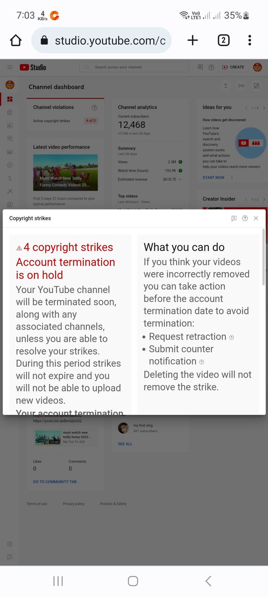 FunnyDhamaka's tweet photo. Hello @TeamYouTube 
PLEASE HELP!
I got fake copyright strikes on my YouTube channel (url : https://t.co/TmIZ32XXry… 
I create funny videos and my channel has 12k subs. 
But someone gave me fake COPYRIGHT strikes and he is trying to export money to retract these strikes. HELP! https://t.co/XMM8MoHUDY